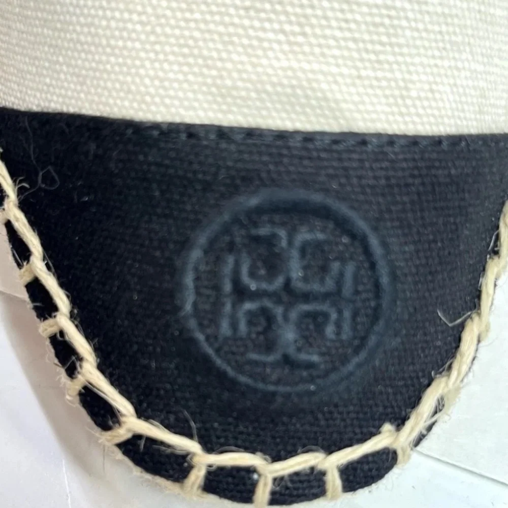 Tory Burch Logo Shoes Womens Size 8 Beige Black Espadrilles Toe Canvas Slip On